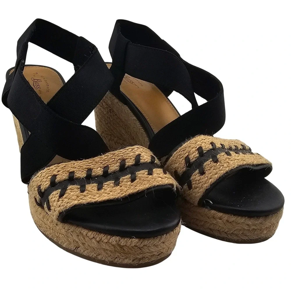 G.H. Bass & Co. Rylee Wedge Sandals Espadrille Platform Criss Cross Black Straps